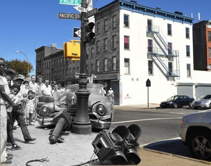 A stolen car smashed into the streetlight at Classon Avenue and Pacific Street in Brooklyn 1957