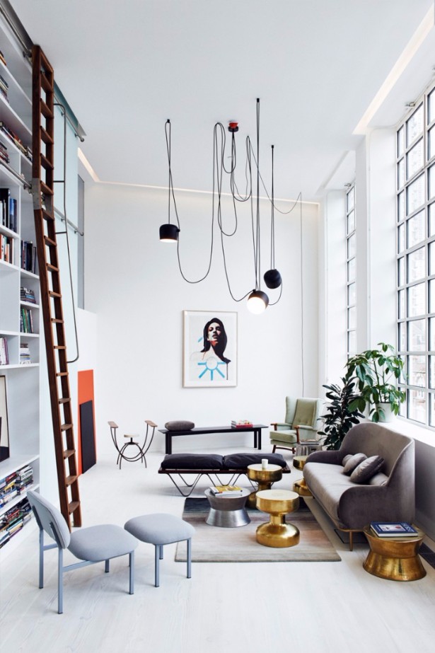 mid-century modern industrial style suspension luminaire living room