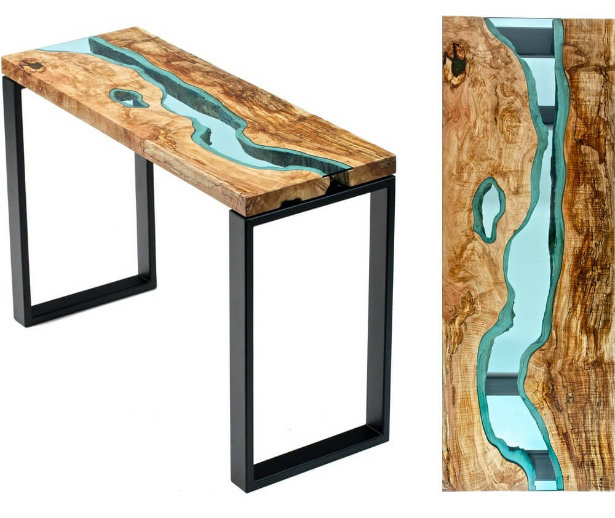 Wooden coffee table design with Glass Rivers and Lakes